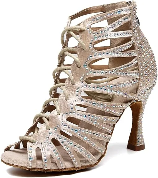 High Fashion Footwear Sparkly Dance Shoes Nude Rhinestone Dance Boots