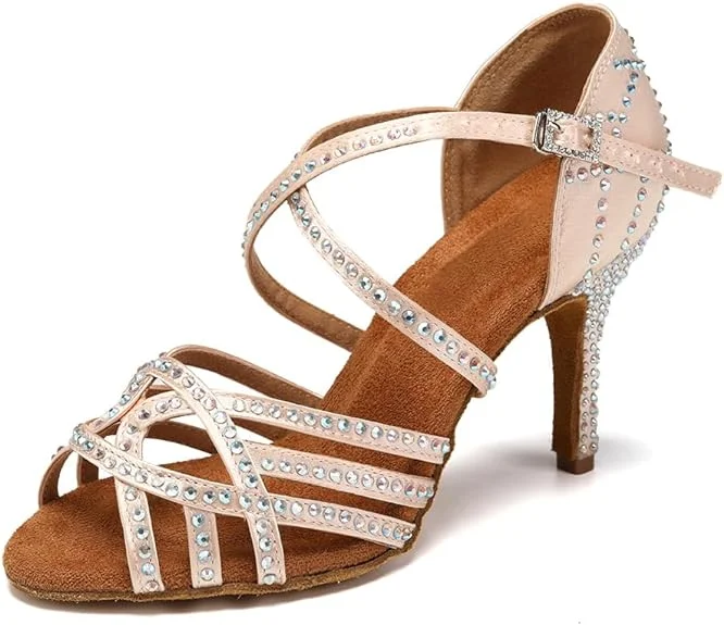 Comfortable Heeled Shoes Sparkly Dance Shoes Nude Rhinestone for Salsa Latin Bachata Dance Comfortable Heeled Shoes Sparkly Dance Shoes Nude Rhinestone for Salsa Latin Bachata Dance
