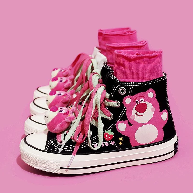 Trendy Platform Sneakers Womens Teenagers Cute Bear High-top Canvas Shoes