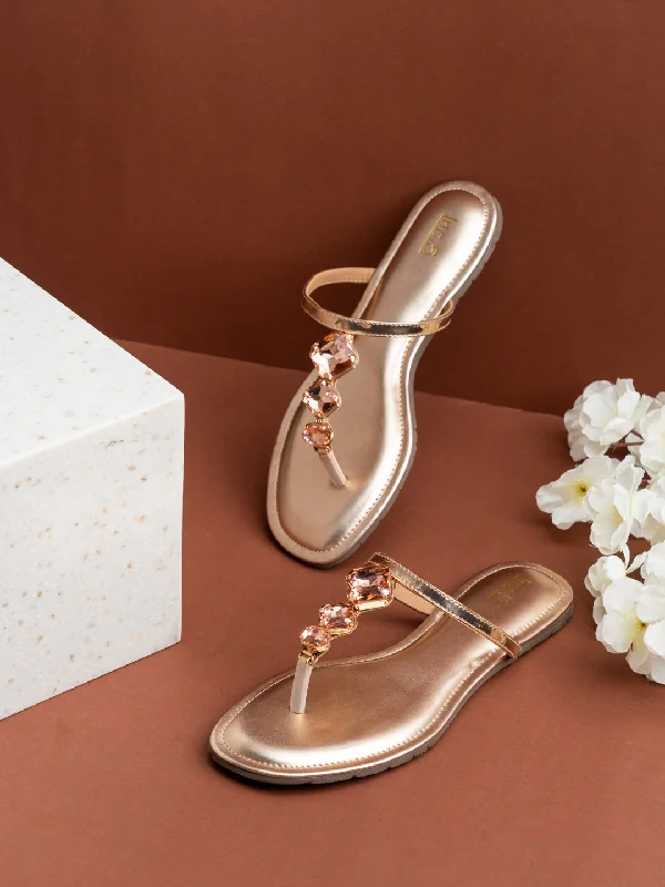 Formal Dress Footwear Womens Rose Gold Casual Embellished T-Strap Flats