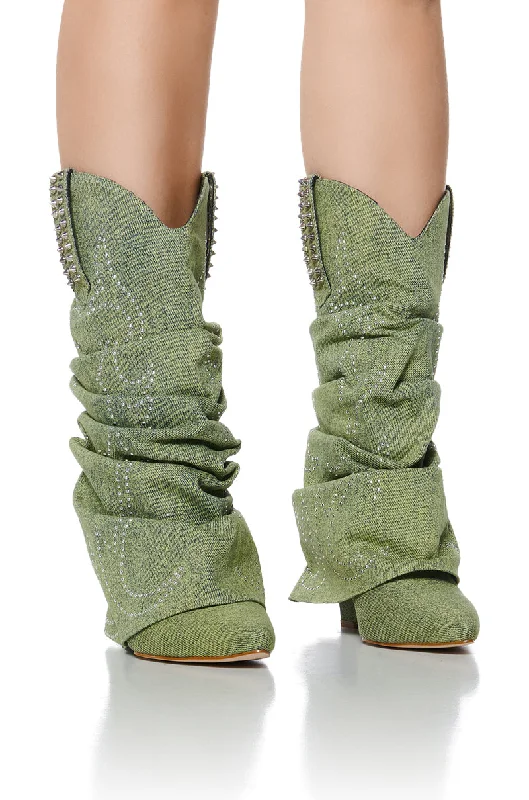 Fashionable Moccasins AZALEA WANG SINEAD GREEN RUCHED COWBOY BOOTIE