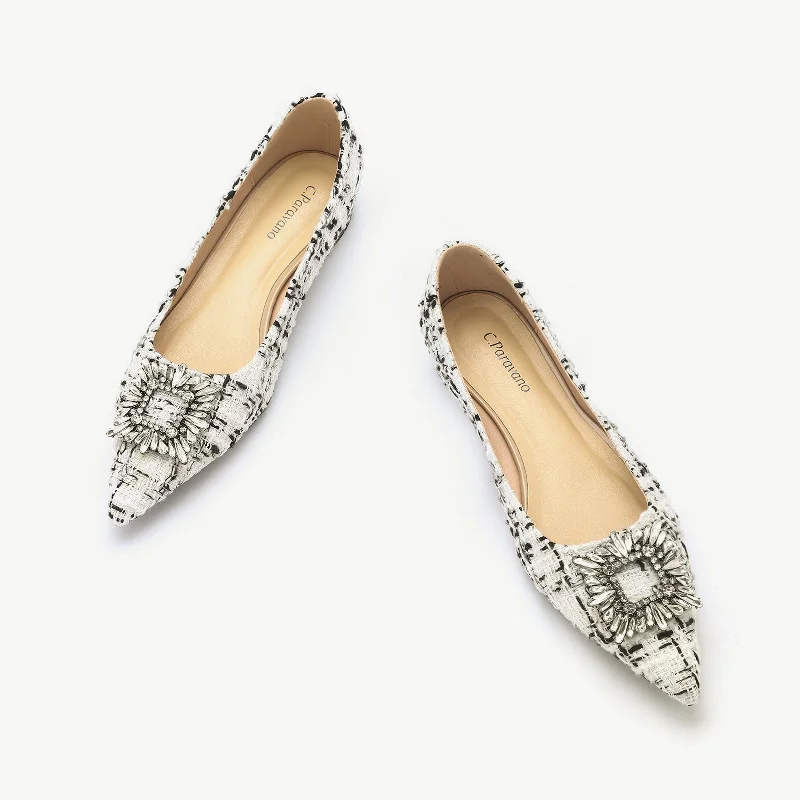 Classic Oxford Shoes Crystal Buckle Tweed Flats (Aida)