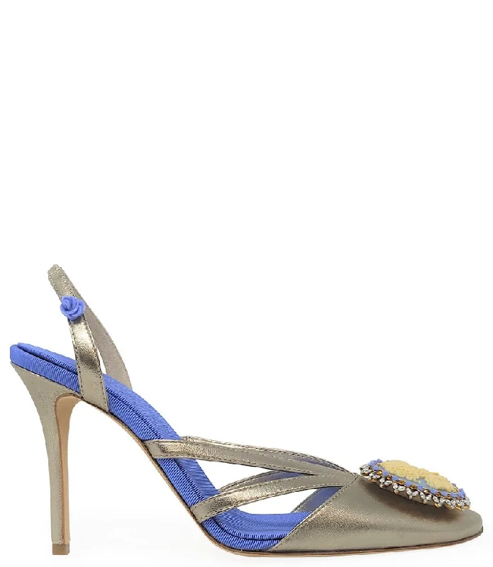 Comfortable Walking Shoes Blue Gold Leather Cameo High Heel Slingback
