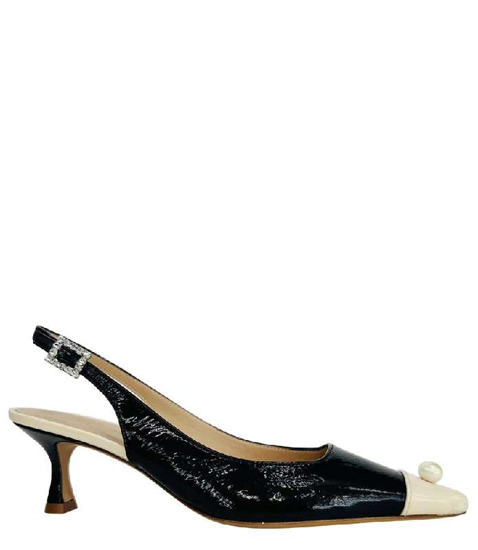 Trendy Sports Footwear Navy/Off White Sling back Kitten Heel With Pearl