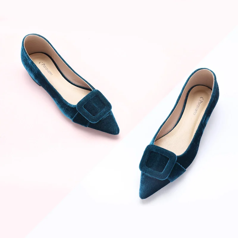 High Fashion Footwear Square Buckle Velvet Flats (Aida)