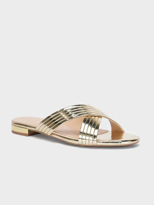 High Fashion Footwear Womens "LOURDES" Shiny Strap Flat Slippers
