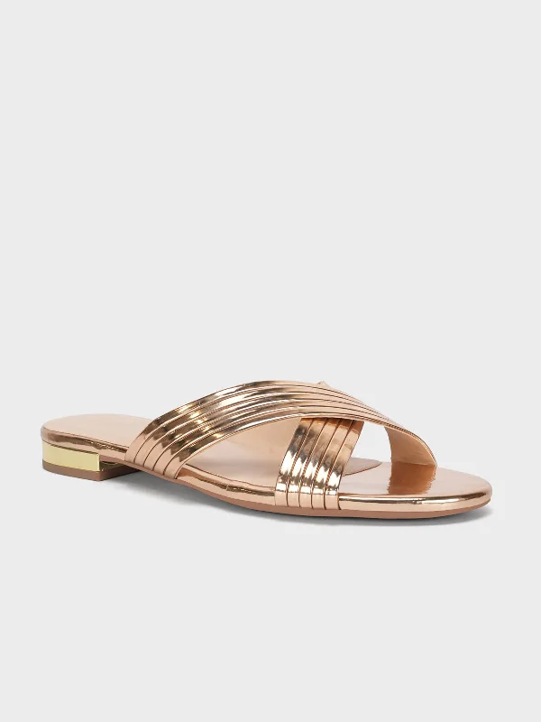 Casual Sandals Collection Womens "LOURDES" Shiny Strap Flat Slippers