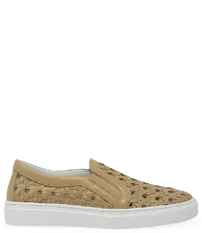 Trendy High Top Sneakers Beige Leather Woven Sneaker