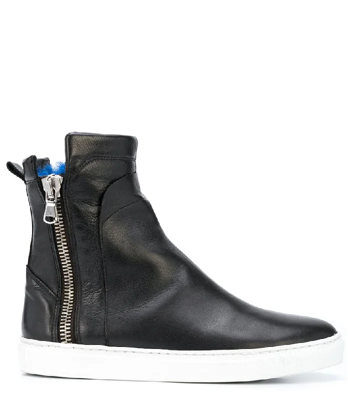 Comfortable Athletic Shoes Black Leather Double Zip Shearling Sneaker