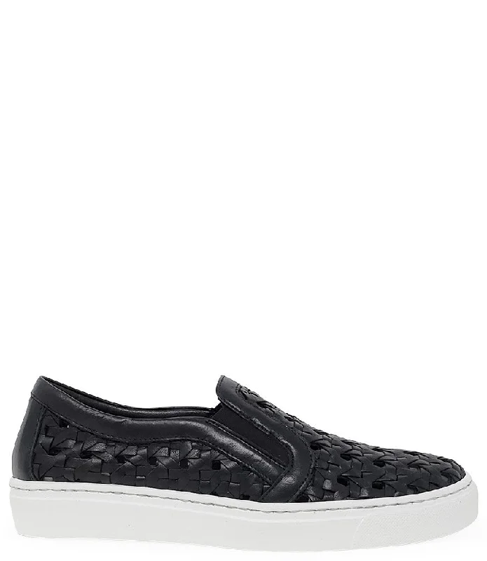 Comfortable Formal Footwear Black Leather Woven Sneaker