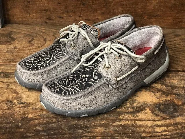 Casual Walking Boots Twisted X Women's Grey Tooled Boat Shoe Driving Mocs WDM0130